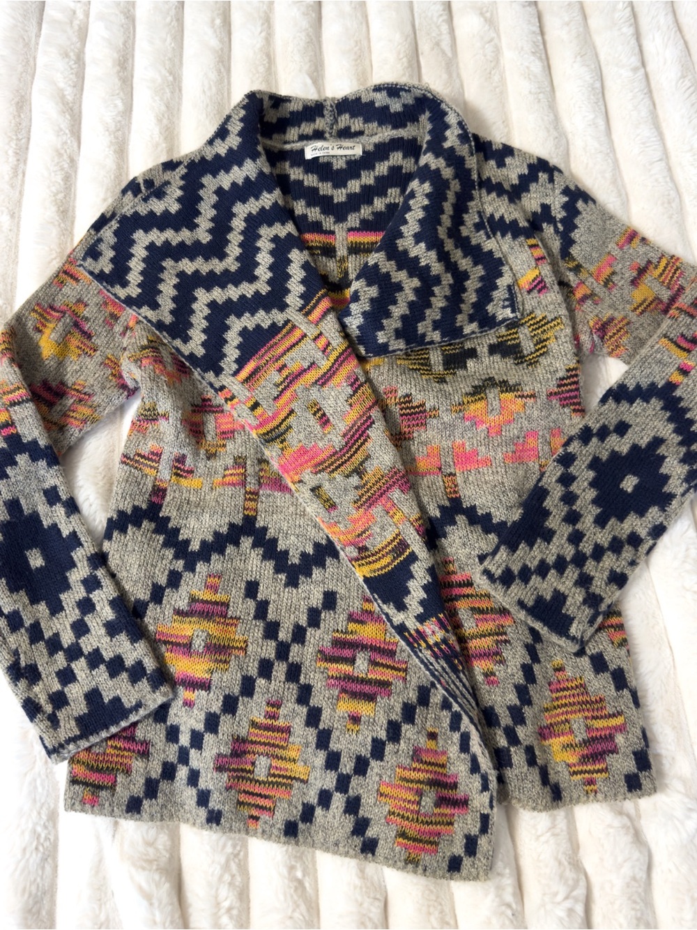 Open-Front Geometric Knit Cardigan - Navy & Gray with Pink Accents